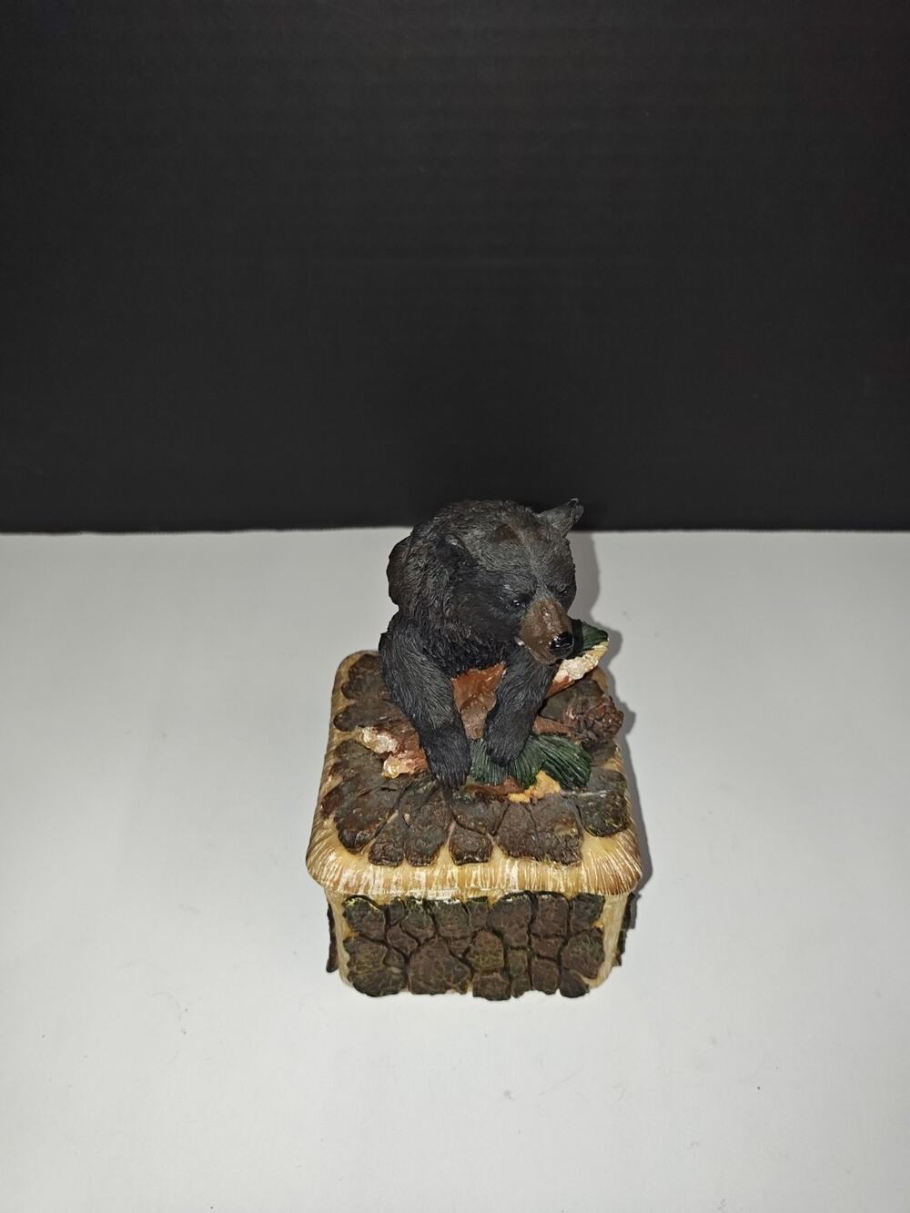 Black Bear & Tree Trunk Bark Resin Collectible Decorative Trinket Jewelry Box